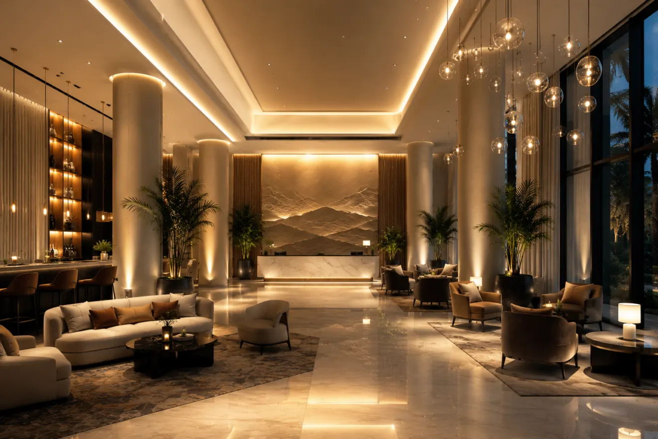 Hospitality interior shaped by layered warm light
