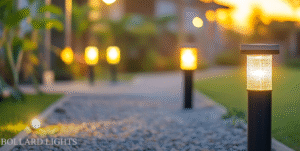 Beautifully lit modern garden with bollard lights.