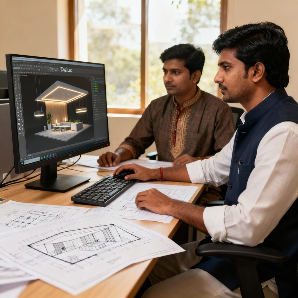Architects planning lighting design process using Dialux software