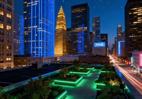 Lighting Design USA – LED facade and landscape lighting on modern city buildings