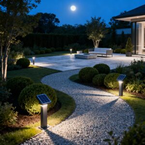 Outdoor landscape lighting with solar LED fixtures, USA