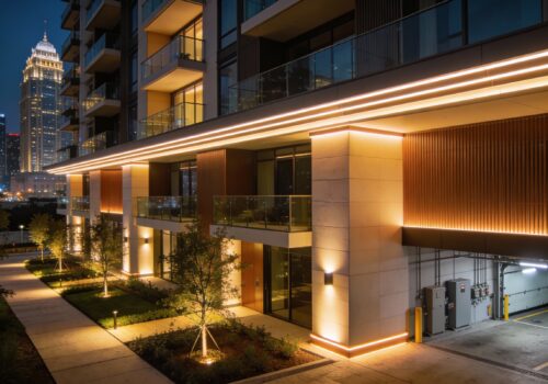 Modern architectural building façade at night with professional LED lighting, showcasing layered façade, landscape, and industrial lighting in urban luxury residential and commercial buildings.