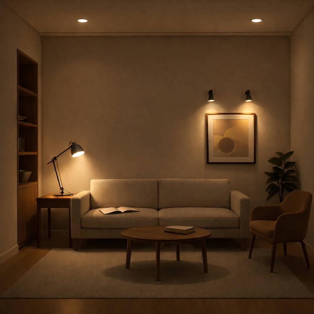 living room with layered lighting showing ambient ceiling lights, task lamp, and accent wall lighting 