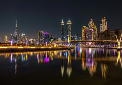 Facade lighting design in Dubai skyline at night