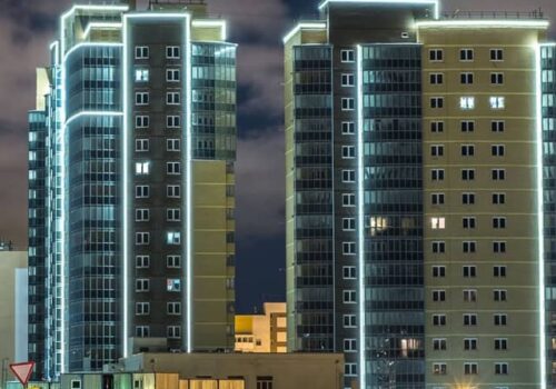 Architectural lighting design in Dubai skyline at night
