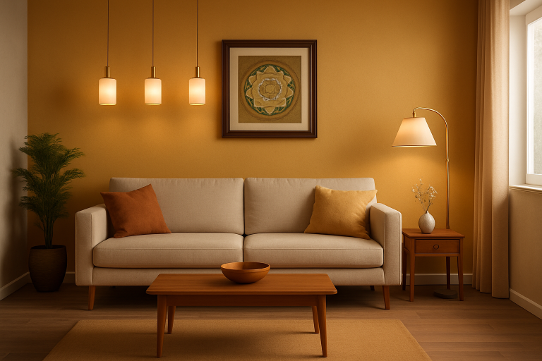 Balanced lighting intensity in a modern living room with warm, glare-free illumination