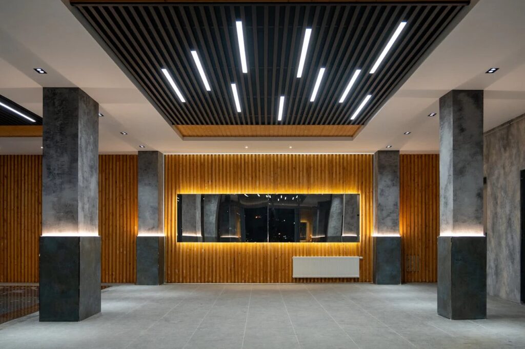 Energy efficient lighting design using LED fixtures in a modern commercial interior