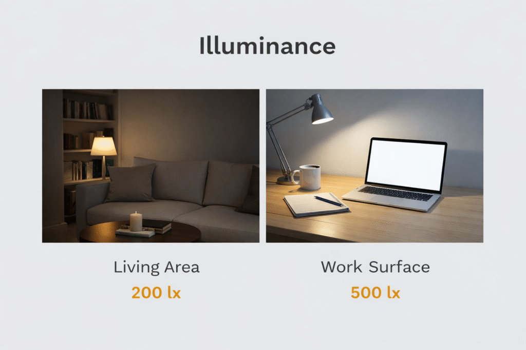 Illuminance levels comparison between general living area and work surface