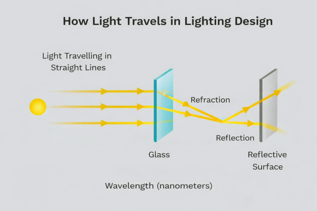 Diagram showing light reflection and refraction in lighting design