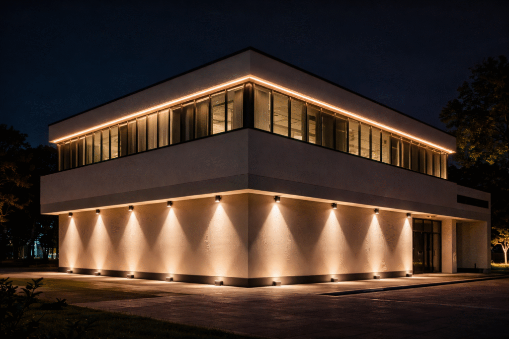 Commercial facade lighting in Kuwait illuminating modern office tower at night