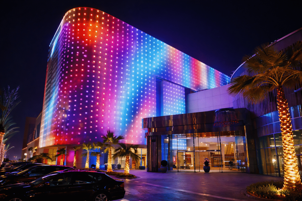 commercial facade lighting ideas in Dubai with dynamic RGB LED media facade