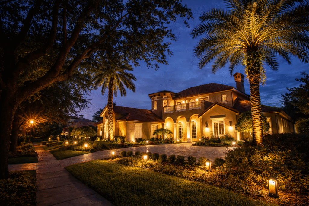 Landscape lighting integrated with villa facade illumination in Kuwait