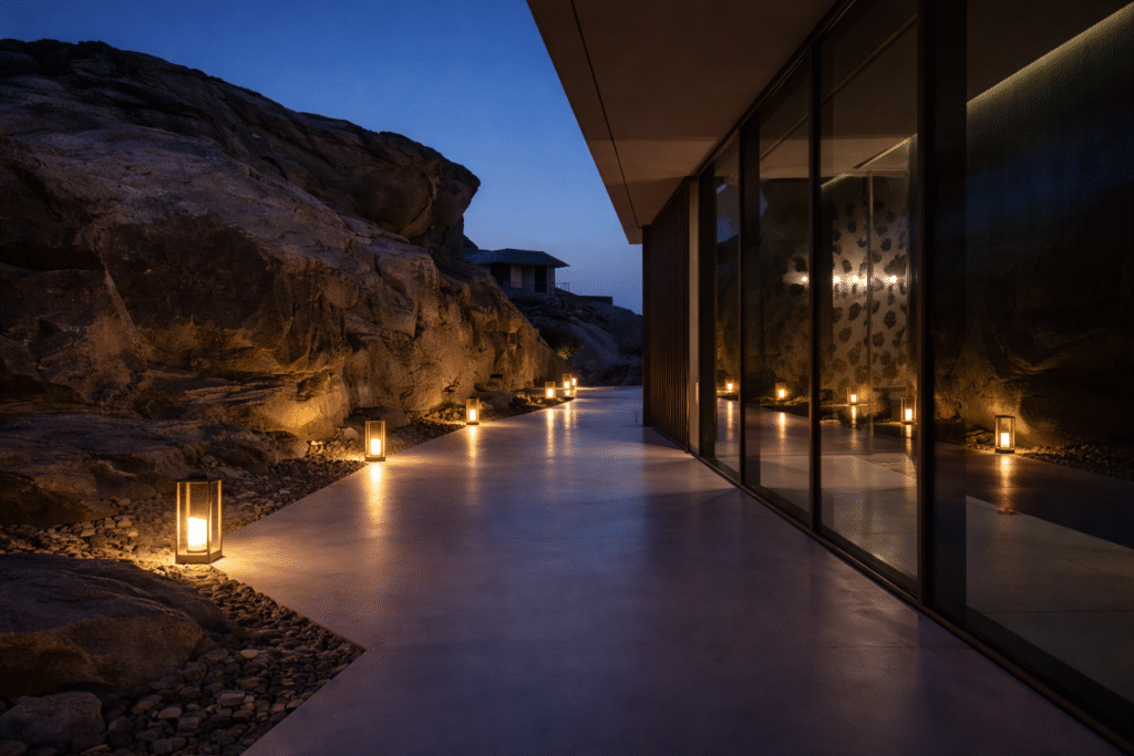 Outdoor architectural lighting designed for desert climate conditions in Kuwait
