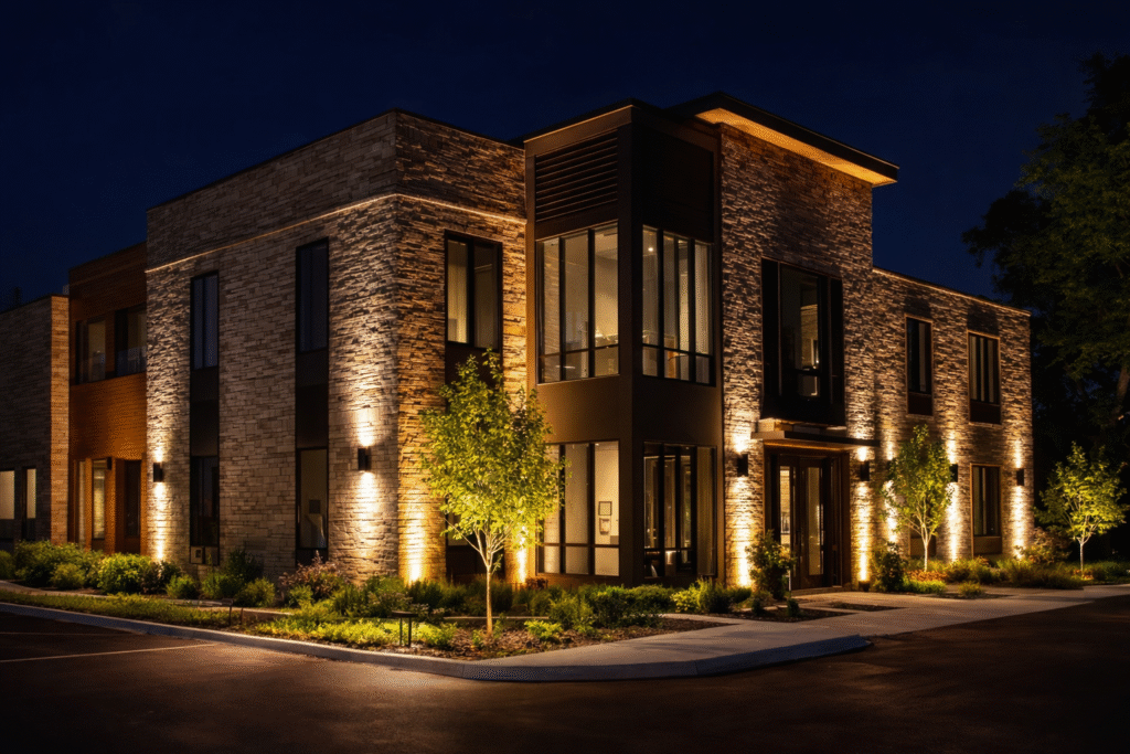 Luxury villa facade lighting in Kuwait with warm exterior illumination and palm trees