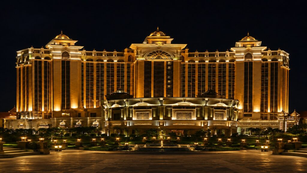 Luxury hotel architectural lighting project in UAE showcasing warm facade lighting, pathway illumination, and premium exterior lighting design