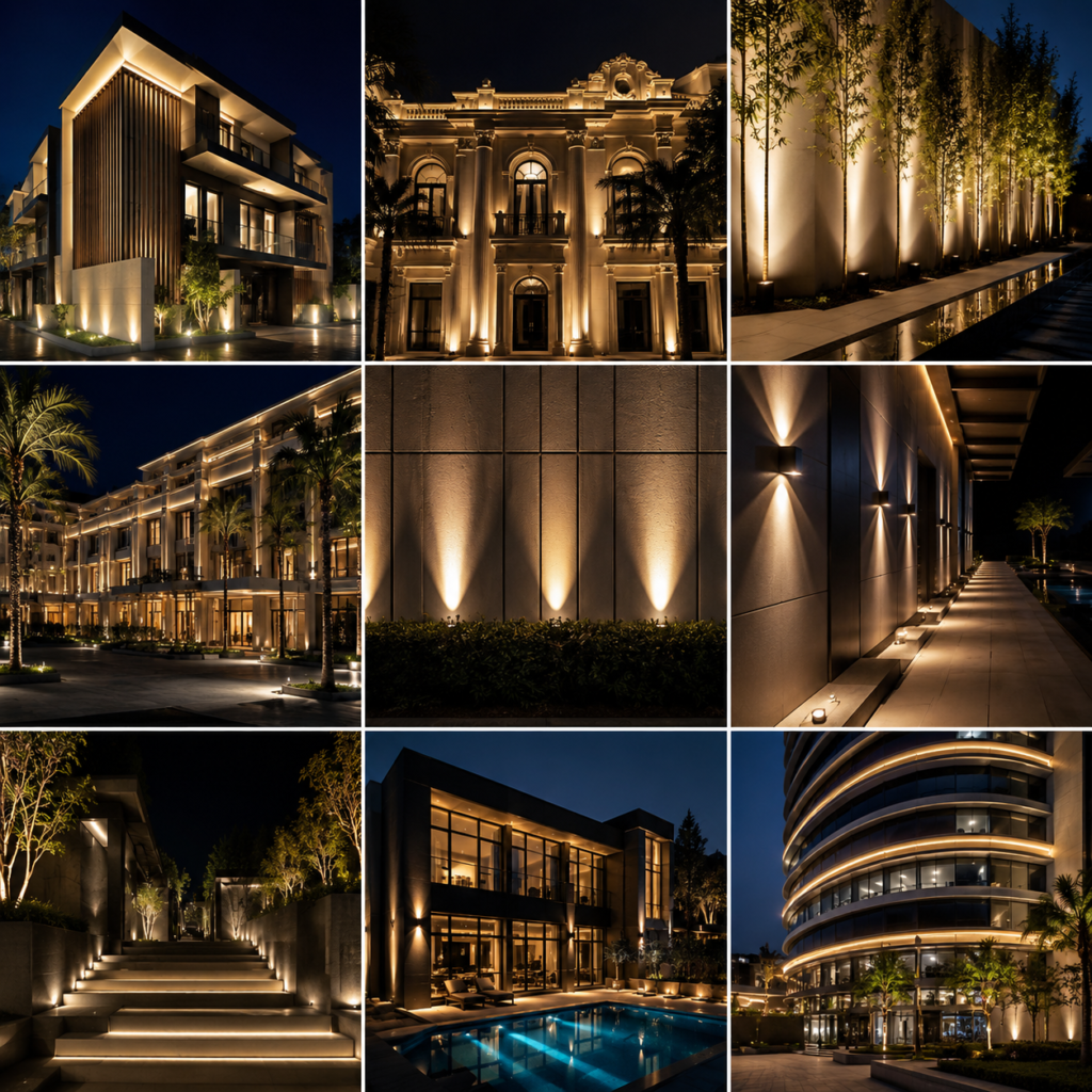 High-end architectural lighting with wall washers, pathway lights and warm ambient exterior illumination