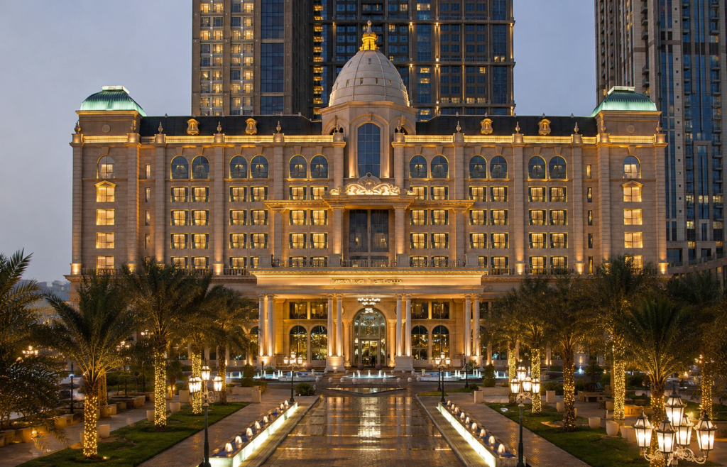 Premium hotel exterior lighting with architectural façade illumination and landscape lighting in Dubai