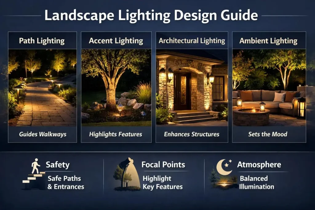 Overview of outdoor lighting including facade lighting, pathway lights and landscape illumination for modern buildings