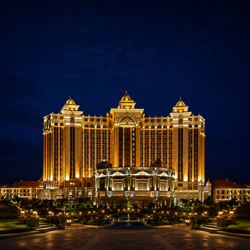 Luxury hotel facade lighting with warm white LED wall washers, step lighting, pathway bollard lights and landscape uplighting in a modern architectural design