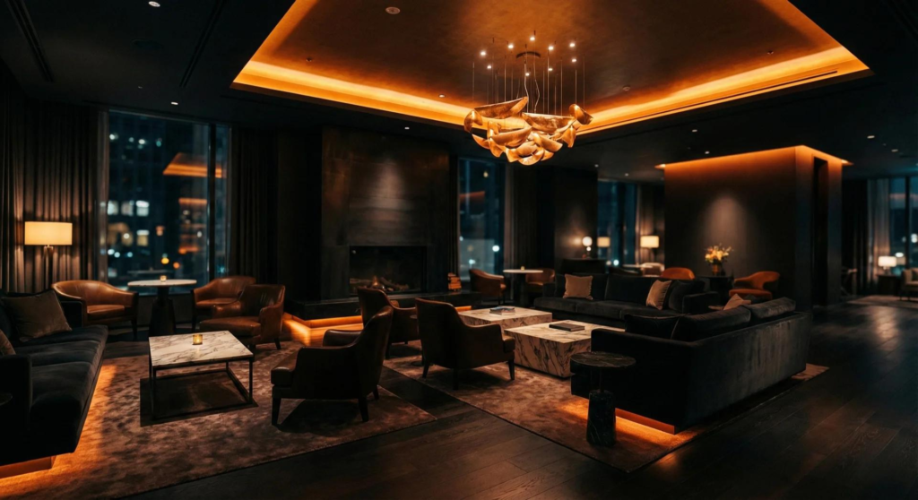 Luxury hotel lobby with layered chandelier lighting design in UAE