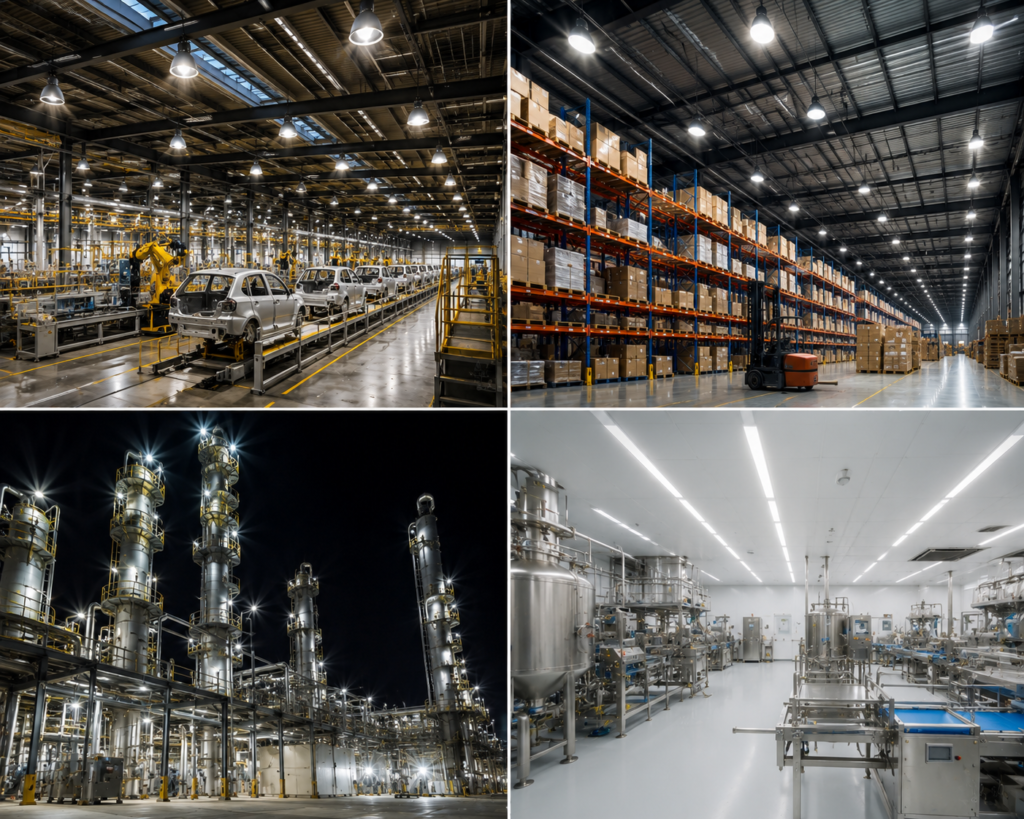 High quality industrial LED lighting solutions for factory floor, warehouse, refinery and pharmaceutical cleanroom environments in UAE and GCC