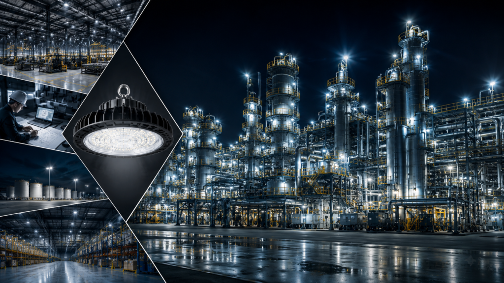 High bay industrial LED lighting fixture installed in a modern factory with advanced lighting design and energy-efficient illumination for industrial environments