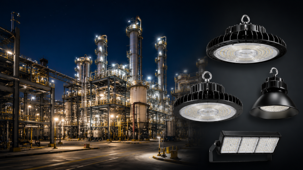 Industrial lighting fixtures including high bay LED lights for warehouse and factory applications in UAE and GCC