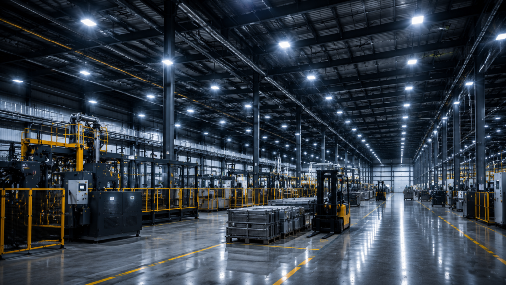 Luxury industrial lighting in factory with high bay LED fixtures for UAE and GCC manufacturing facilities