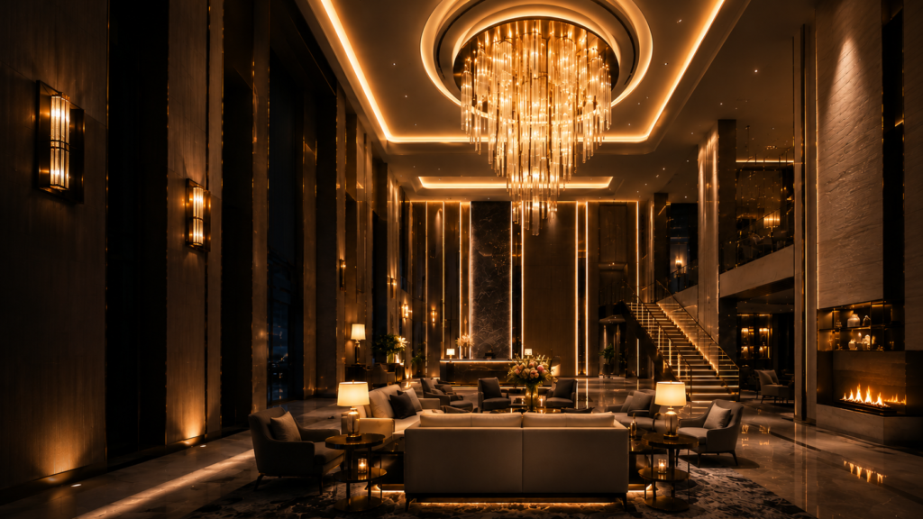 Luxury hotel lobby with warm ambient lighting design, modern chandelier, and elegant hospitality interior