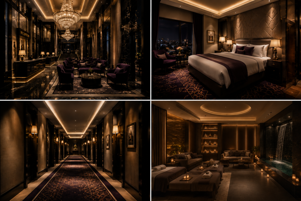 High-end hotel interior lighting showcasing elegant lobby, bedroom, corridor, and spa lounge with sophisticated ambient lighting design