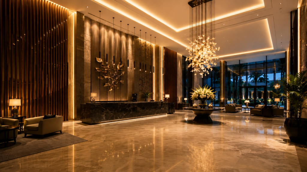 Luxury hotel lobby lighting design with warm ambient lighting, statement chandelier, marble flooring, and premium hospitality interior ambiance