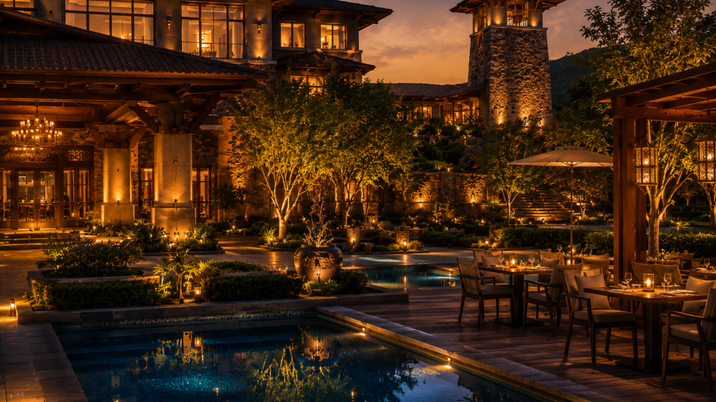 Luxury outdoor hospitality lighting design featuring poolside ambiance, landscape lighting, and elegant dining setup at twilight