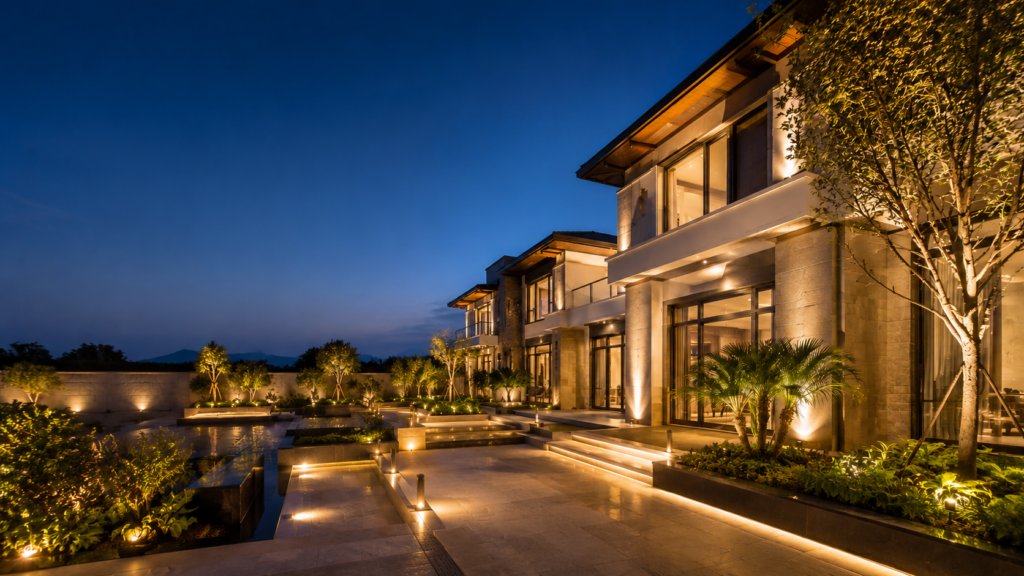 Luxury outdoor lighting for villa with poolside, facade, and ambient lighting design at night