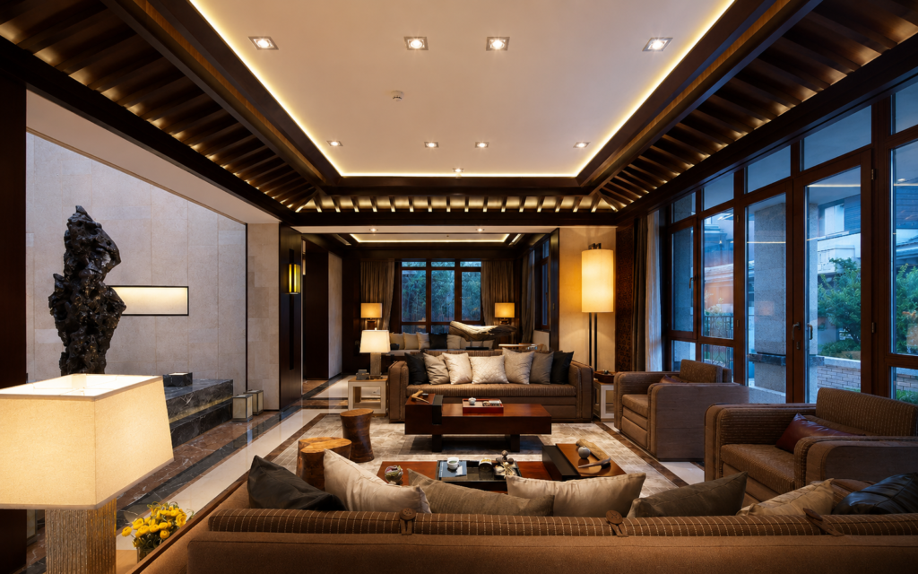 Luxury residential lighting design in UAE villa with modern ambient and chandelier lighting