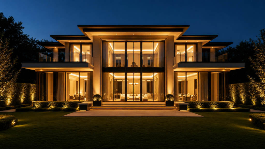 Luxury villa exterior facade lighting design with landscape and architectural lights